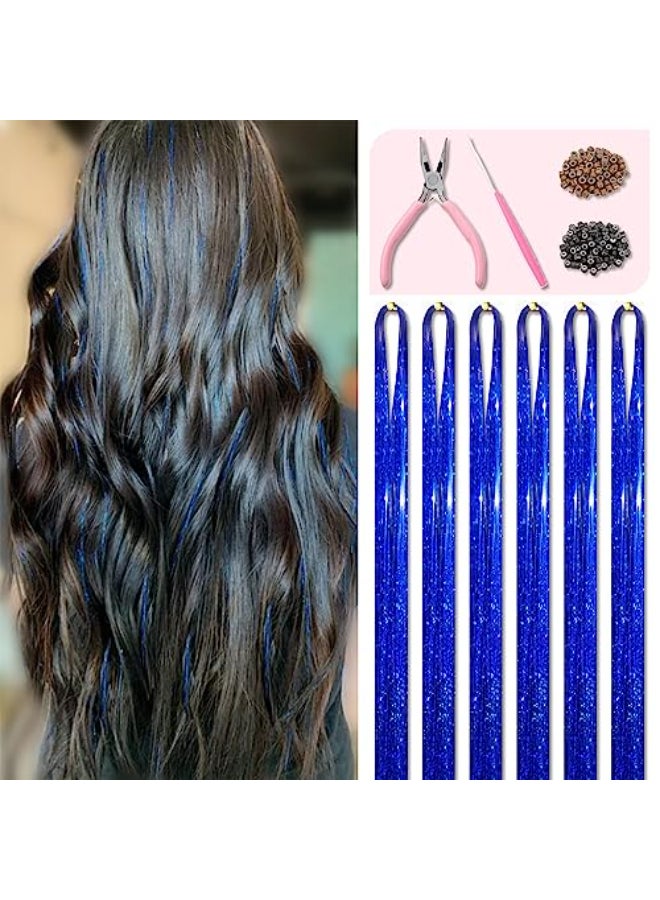 Fiwecos Sapphire Blue Hair Tinsel Kit 48 Inches 1200 Strands with Tools and Instruction Easy to Install Fairy Glitter Tinsel Hair Extensions for Women and GirlsShinny Sparkling Braiding Hair Accessories - Image 1