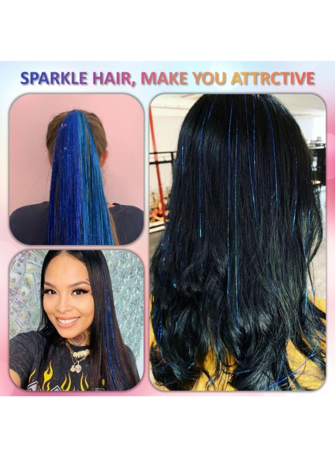Fiwecos Sapphire Blue Hair Tinsel Kit 48 Inches 1200 Strands with Tools and Instruction Easy to Install Fairy Glitter Tinsel Hair Extensions for Women and GirlsShinny Sparkling Braiding Hair Accessories - Image 4