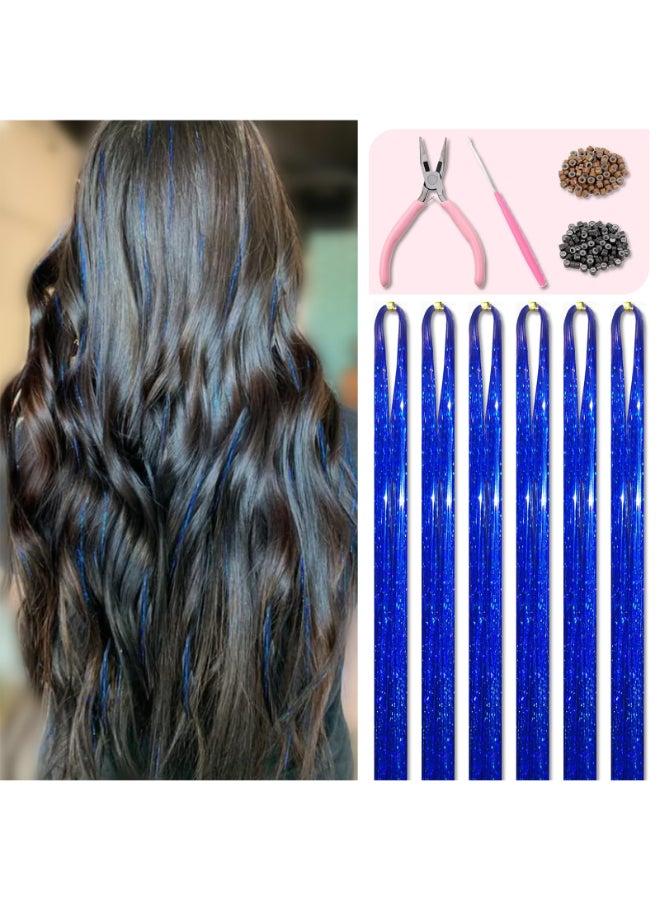 Fiwecos Sapphire Blue Hair Tinsel Kit 48 Inches 1200 Strands with Tools and Instruction Easy to Install Fairy Glitter Tinsel Hair Extensions for Women and GirlsShinny Sparkling Braiding Hair Accessories - Image 2
