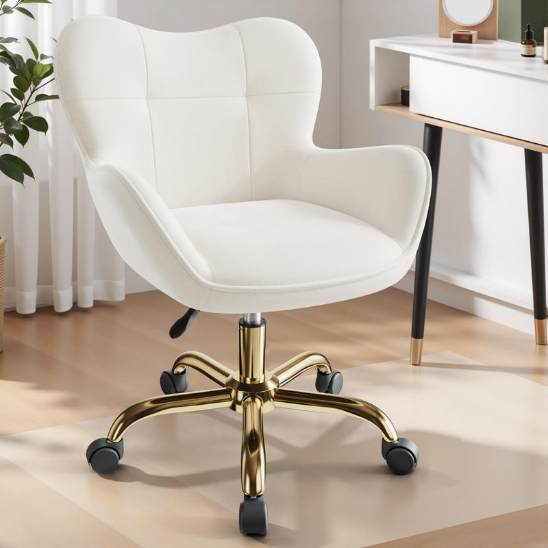 BestEra Vanity Chair with Wheels, Cute Home Office Desk Chairs Adjustable Height for Living Bedroom, Small Modern Fluffy Velvet Makeup Chair with Back for Girls (White) - Image 2