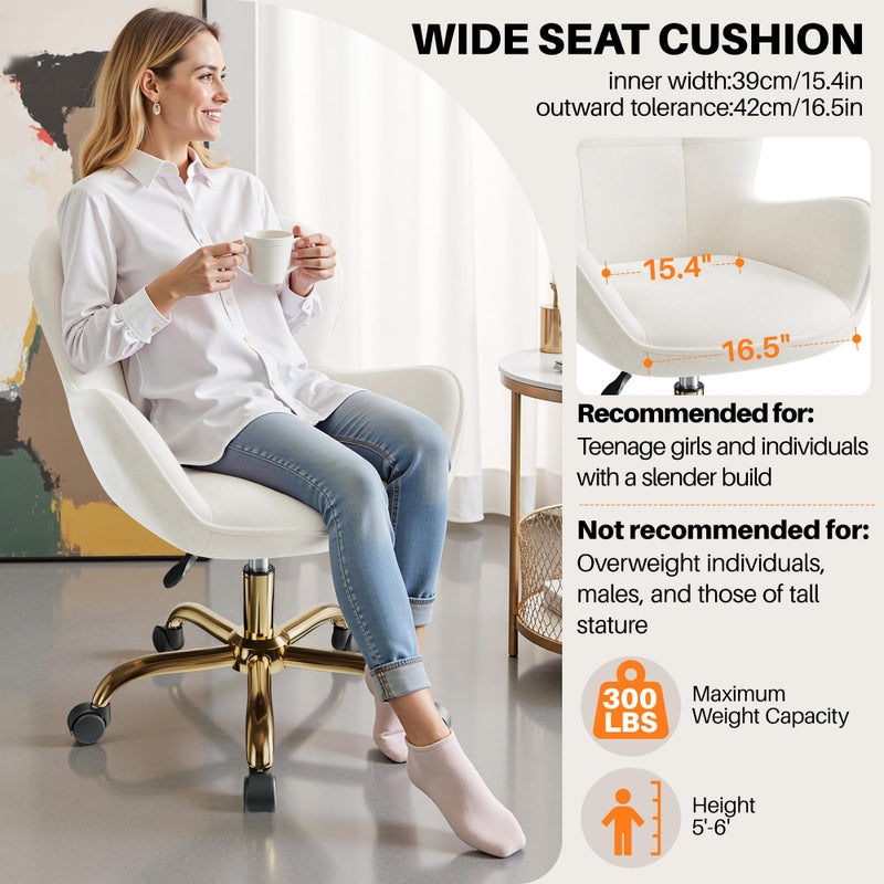BestEra Vanity Chair with Wheels, Cute Home Office Desk Chairs Adjustable Height for Living Bedroom, Small Modern Fluffy Velvet Makeup Chair with Back for Girls (White) - Image 4