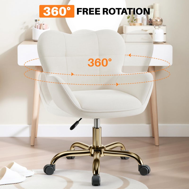 BestEra Vanity Chair with Wheels, Cute Home Office Desk Chairs Adjustable Height for Living Bedroom, Small Modern Fluffy Velvet Makeup Chair with Back for Girls (White) - Image 3
