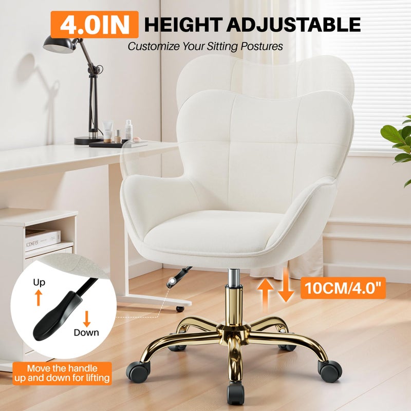 BestEra Vanity Chair with Wheels, Cute Home Office Desk Chairs Adjustable Height for Living Bedroom, Small Modern Fluffy Velvet Makeup Chair with Back for Girls (White) - Image 5