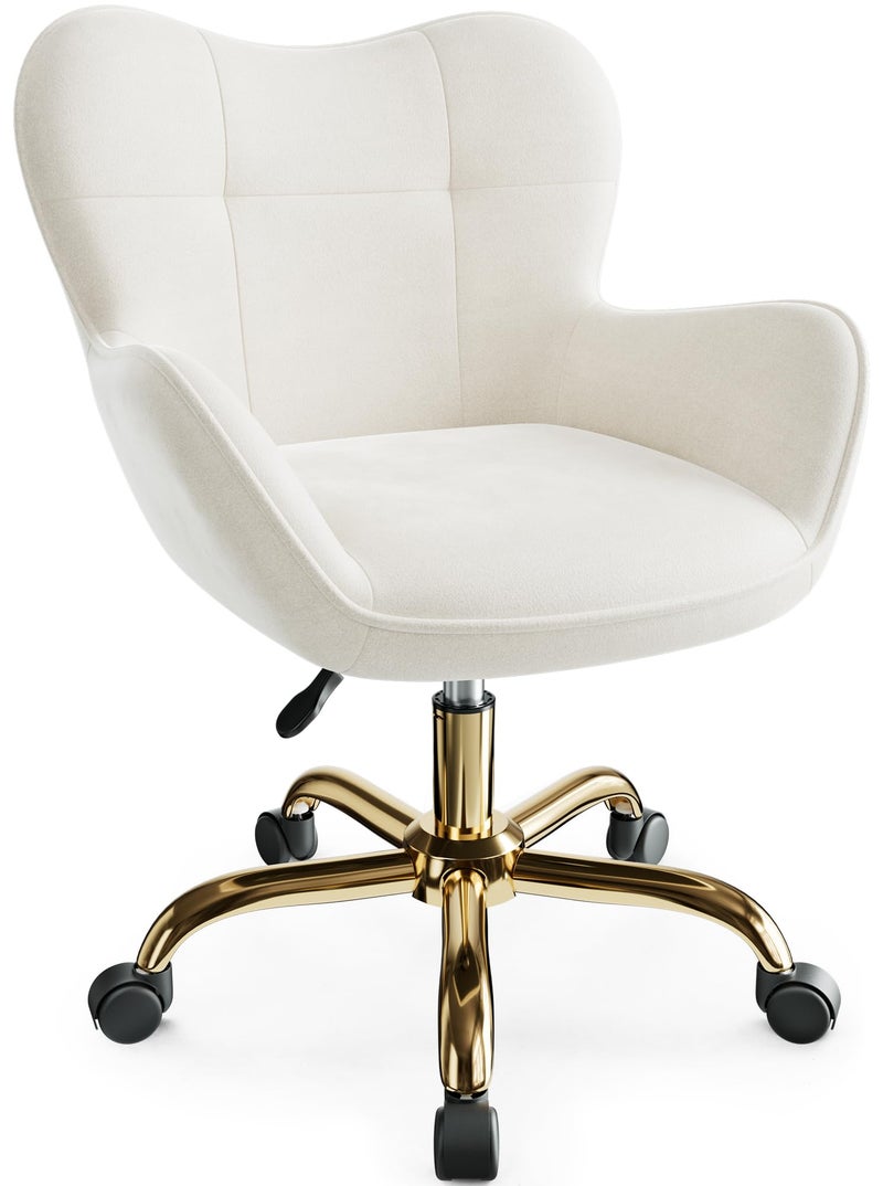 BestEra Vanity Chair with Wheels, Cute Home Office Desk Chairs Adjustable Height for Living Bedroom, Small Modern Fluffy Velvet Makeup Chair with Back for Girls (White) - Image 1