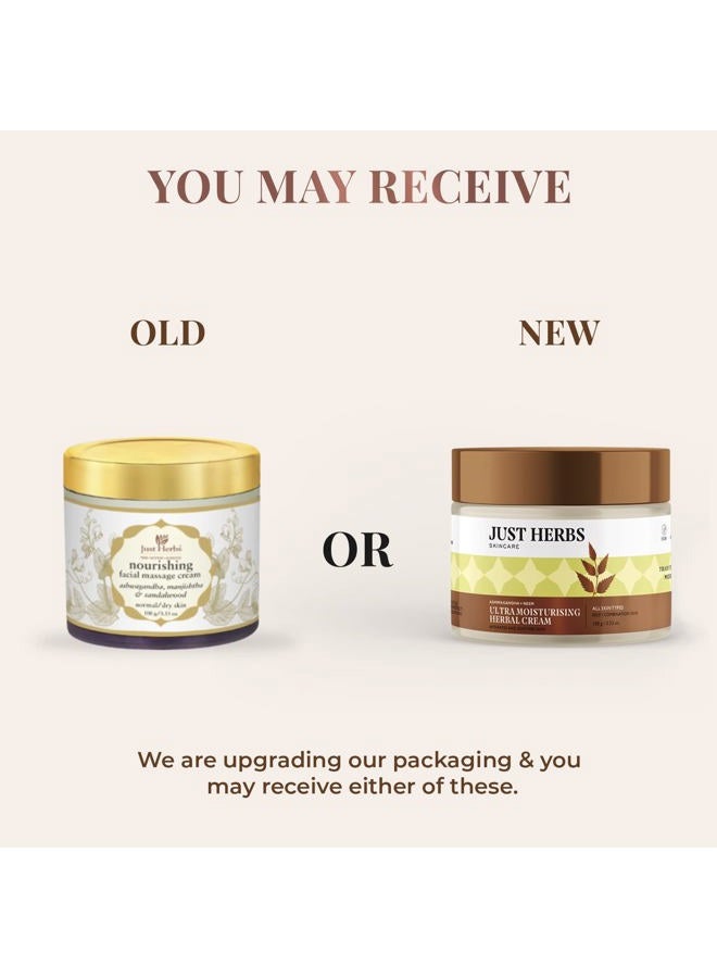 Just Herbs Organic Herbal Nourishing Facial Massage Cream With Ashwgandha & Sandalwaood for Men & Women - Suitable for Normal to Dry Skin, 100g - Image 2