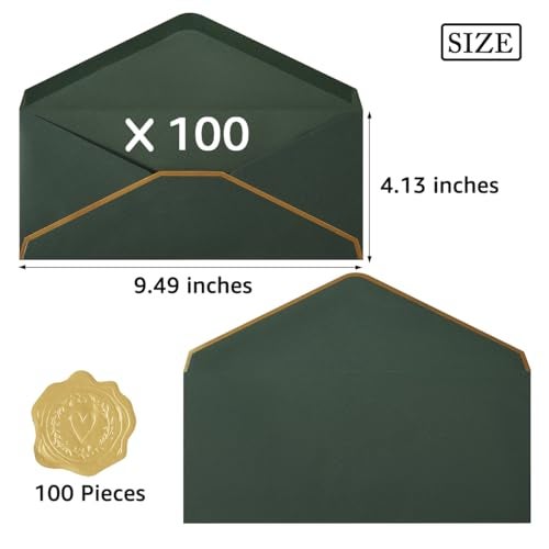 Topeen 100 Pack #10 Business Envelopes with Gold Border, Self Seal Standard Envelopes with Gold Stickers for Office, Checks, Letter Mailing, Invoices, 4 1/8 x 9 1/2 Inches (Dark Green) - Image 2