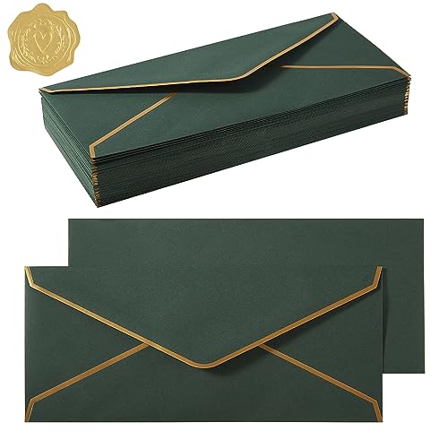 Topeen 100 Pack #10 Business Envelopes with Gold Border, Self Seal Standard Envelopes with Gold Stickers for Office, Checks, Letter Mailing, Invoices, 4 1/8 x 9 1/2 Inches (Dark Green) - Image 1