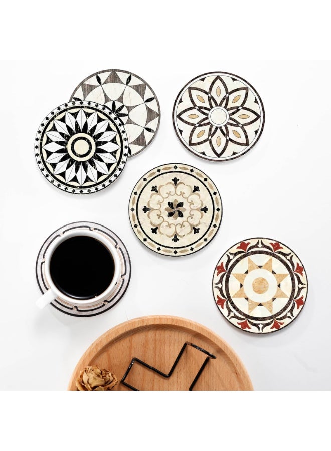 Bukela Drink Coasters Set of 6 with Holder, Ceramic Absorbent Coaster for Drinks, Boho Coasters with Cork Base for Tabletop Protection, Coffee Table Decor 4 inches - Image 4