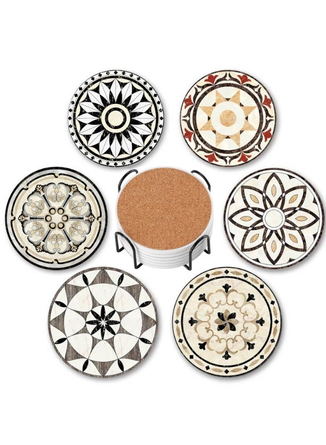 Bukela Drink Coasters Set of 6 with Holder, Ceramic Absorbent Coaster for Drinks, Boho Coasters with Cork Base for Tabletop Protection, Coffee Table Decor 4 inches - Image 1