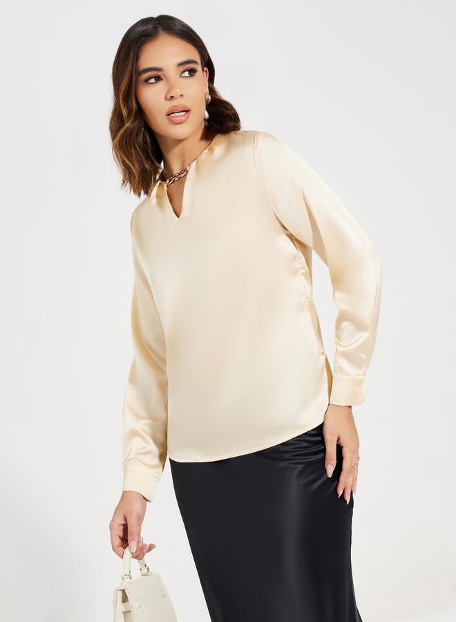 Styli Keyhole Neck Chain Detail Satin Blouse  - Image 1