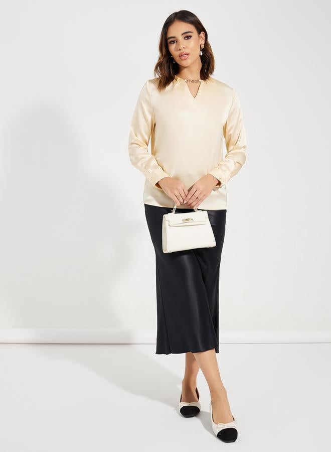 Styli Keyhole Neck Chain Detail Satin Blouse  - Image 2