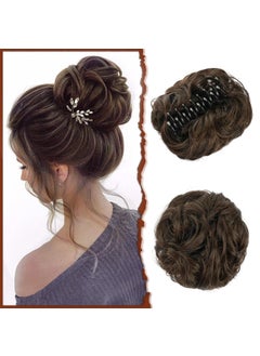 SOFEIYAN SOFEIYAN Claw Clip Messy Bun Hair Piece Wavy Curly Hair Bun Clip in Claw Chignon Ponytail Hairpieces Synthetic Tousled Updo Hair Extensions Scrunchie Hairpiece for Women, Brown/Light Auburn Mixed 