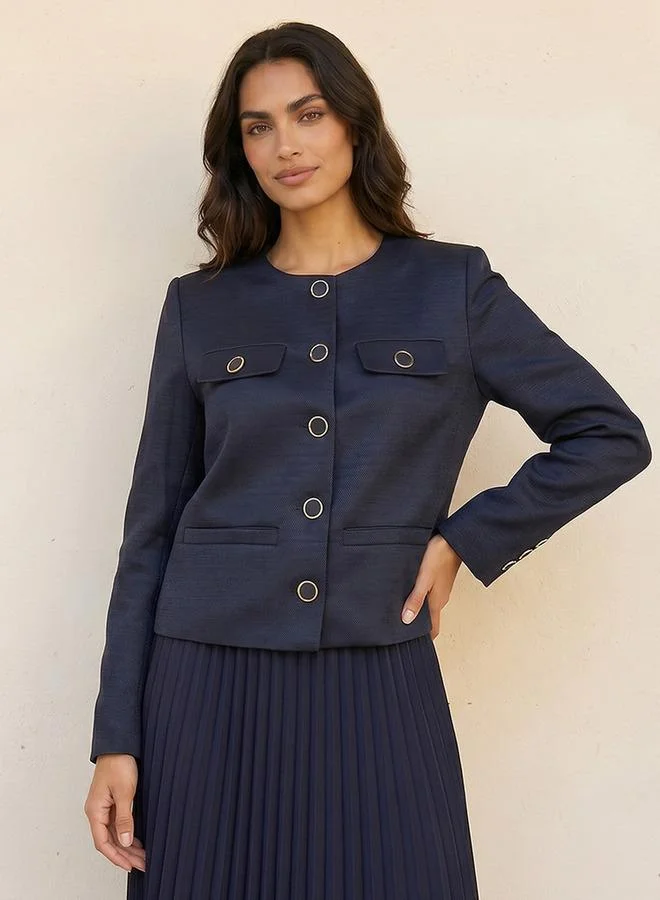 Splash FAV Blue Smart Chenille Jacket with Flap Accent for Women | Best Price UAE
