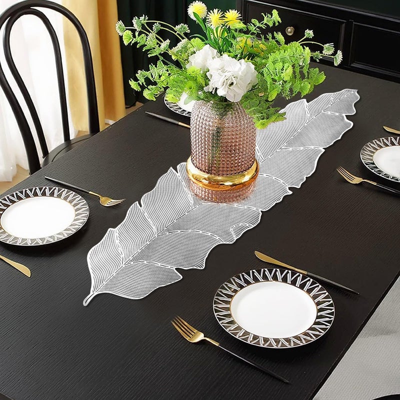 Groki Silver Floral PVC Table RunnerAffordable Luxury Look for Dining Table 35Lx13W Set 1 - Image 1