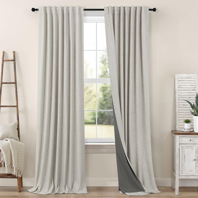 Pitalk Linen Blackout Curtains 84 Inch Length 2 Panels Set for Living Room Bedroom Back Tab Thermal Insulated 100% Black Out Linen Drape Room Darkening Window Curtain 84 Inch Long Stone Taupe Birch Tan Beige - Image 1