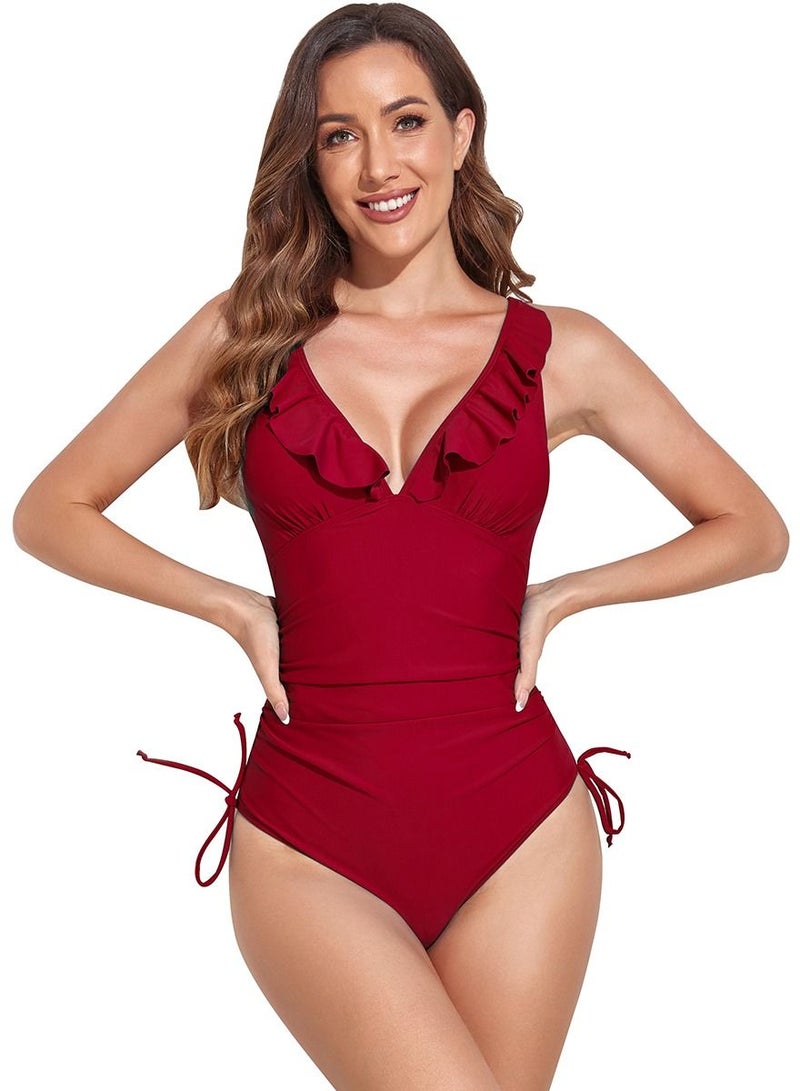Loquat Wine Red Color V-Neck One-Piece Swimsuit Falbala Bikini  - Image 1