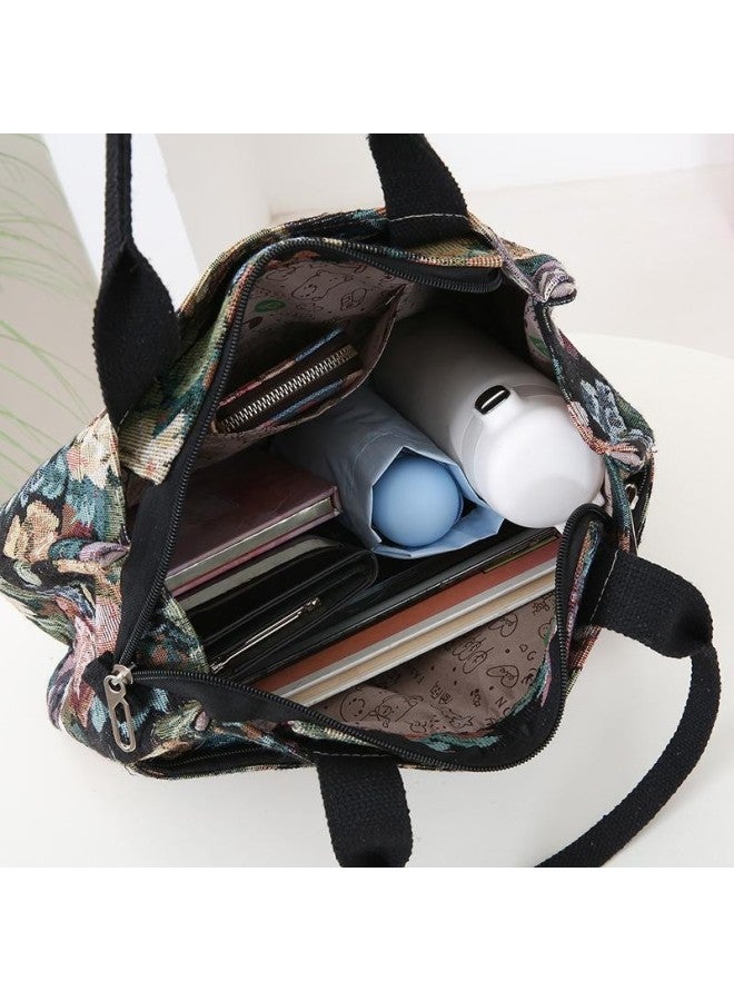Vintage Handbag Tote Flower Oil Painting Style Work Portable Lunch Box Storage Bag Large Capacity Outgoing Mummy Bag-Color:Retro Black Flower - Image 4