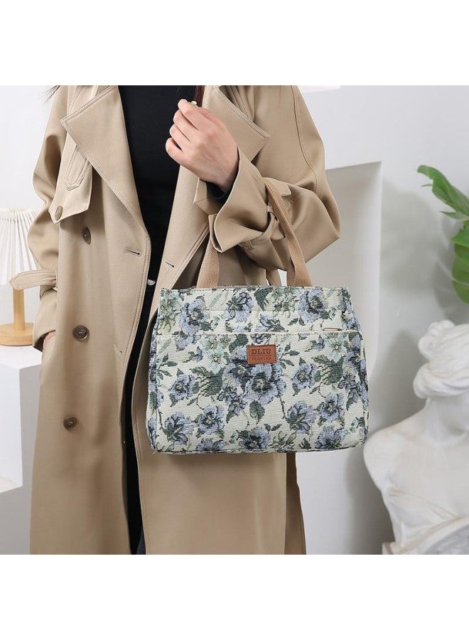 Vintage Handbag Tote Flower Oil Painting Style Work Portable Lunch Box Storage Bag Large Capacity Outgoing Mummy Bag-Color:Retro Black Flower - Image 5