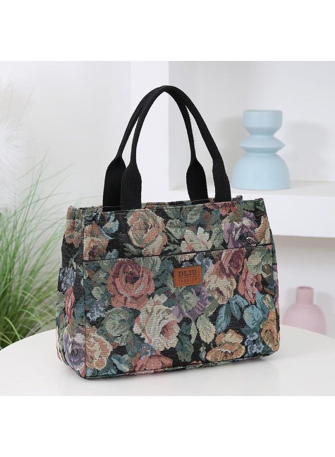 Vintage Handbag Tote Flower Oil Painting Style Work Portable Lunch Box Storage Bag Large Capacity Outgoing Mummy Bag-Color:Retro Black Flower - Image 2
