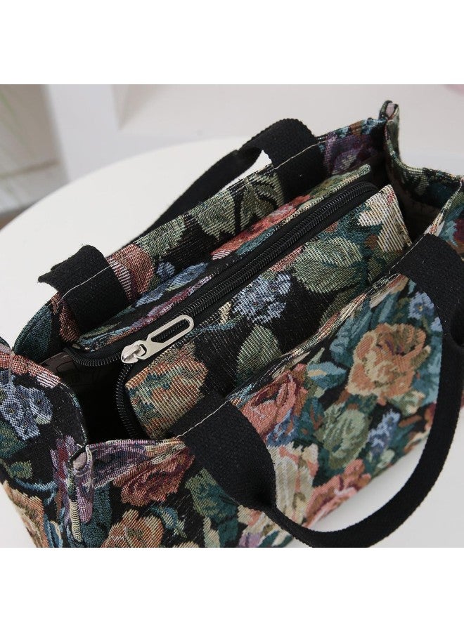 Vintage Handbag Tote Flower Oil Painting Style Work Portable Lunch Box Storage Bag Large Capacity Outgoing Mummy Bag-Color:Retro Black Flower - Image 3
