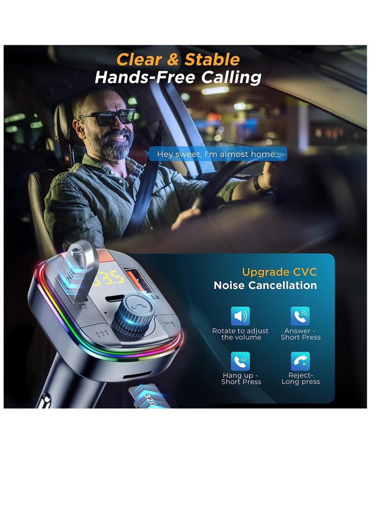 Bluetooth Adapter for Car, HiFi Bluetooth 5.3 FM Transmitter, Wireless Radio Music Adapter, Light Switch, HiFi Bass Sound, Fast Charging, LED Display Hands-Free Calling Support USB Drive - Image 2