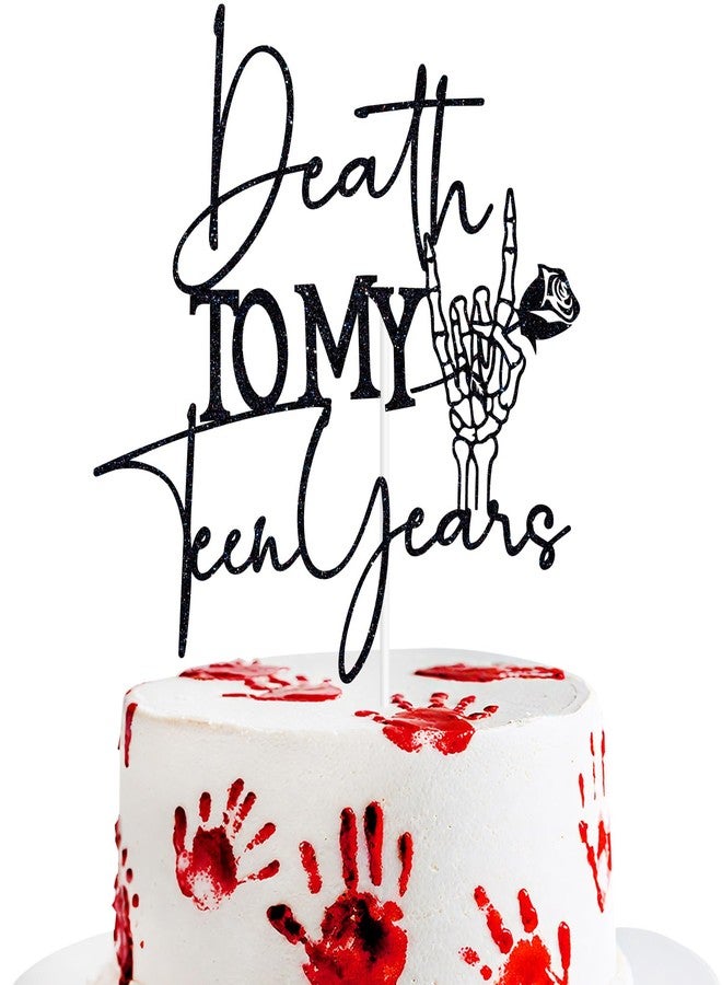 PYBHILK Black Glitter Death to My Teen Years Cake Topper, Old English Gothic Birthday Décor, Funeral Farewell Sweet Youth Themed 20th Birthday Party Decorations Supplies - Image 1