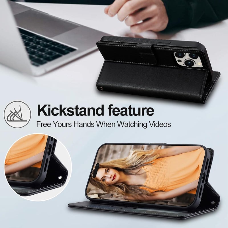 Flip Case for iPhone 16 Pro Max/16 Pro/16 Plus/16,All-Inclusive Protection Magnetic Closure Protection Case with Card Slots Kickstand Detachable Leather Cover (16 PRO,Black) - Image 3