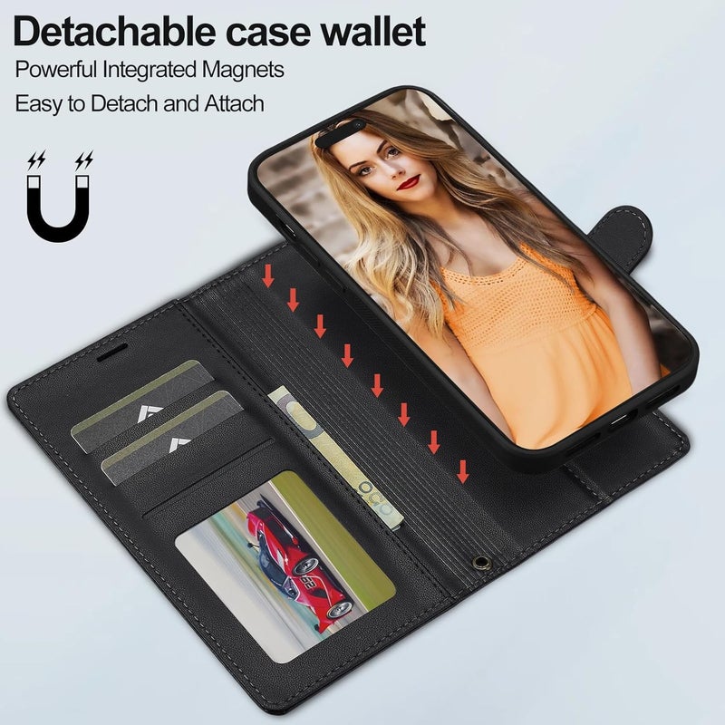 Flip Case for iPhone 16 Pro Max/16 Pro/16 Plus/16,All-Inclusive Protection Magnetic Closure Protection Case with Card Slots Kickstand Detachable Leather Cover (16 PRO,Black) - Image 2