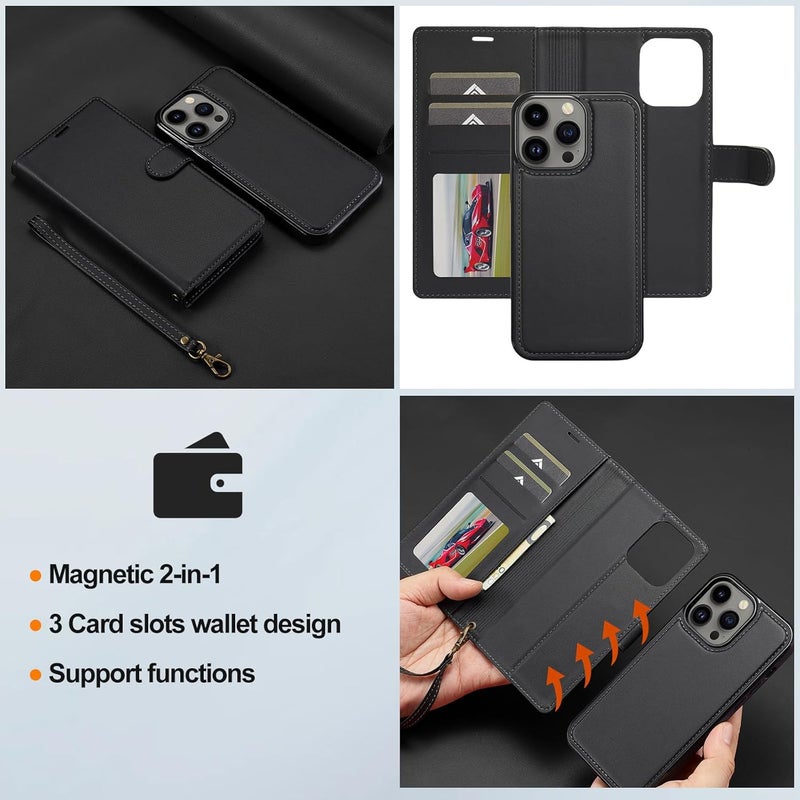 Flip Case for iPhone 16 Pro Max/16 Pro/16 Plus/16,All-Inclusive Protection Magnetic Closure Protection Case with Card Slots Kickstand Detachable Leather Cover (16 PRO,Black) - Image 1