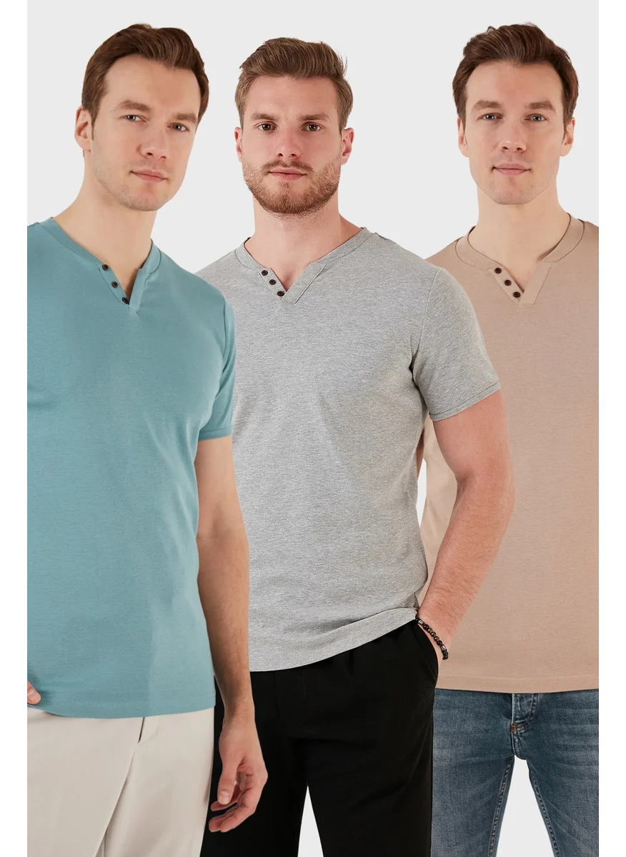 Buratti Cotton Button Detail Slim Fit V Neck 3-Pack T Shirt Men's T Shirt 5902122S3