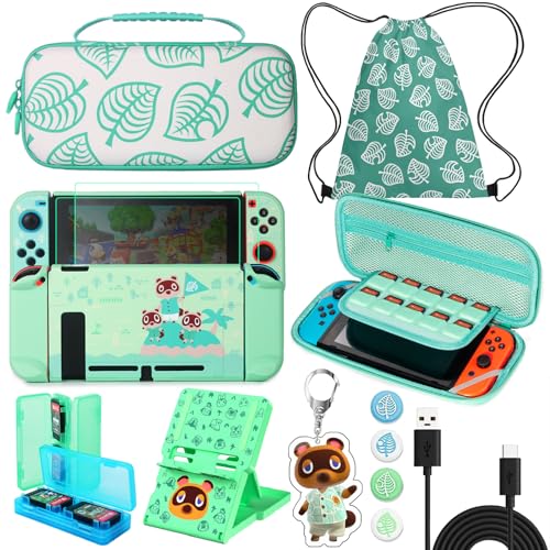 TIKOdirect Carrying Case for Switch, Cute Portable Travel Bag Accessories with Protective Cover, Screen Protectors, Stand, Game Card Holder and Thumb grip caps[Keychain Gift], Animal Crossing - Image 1