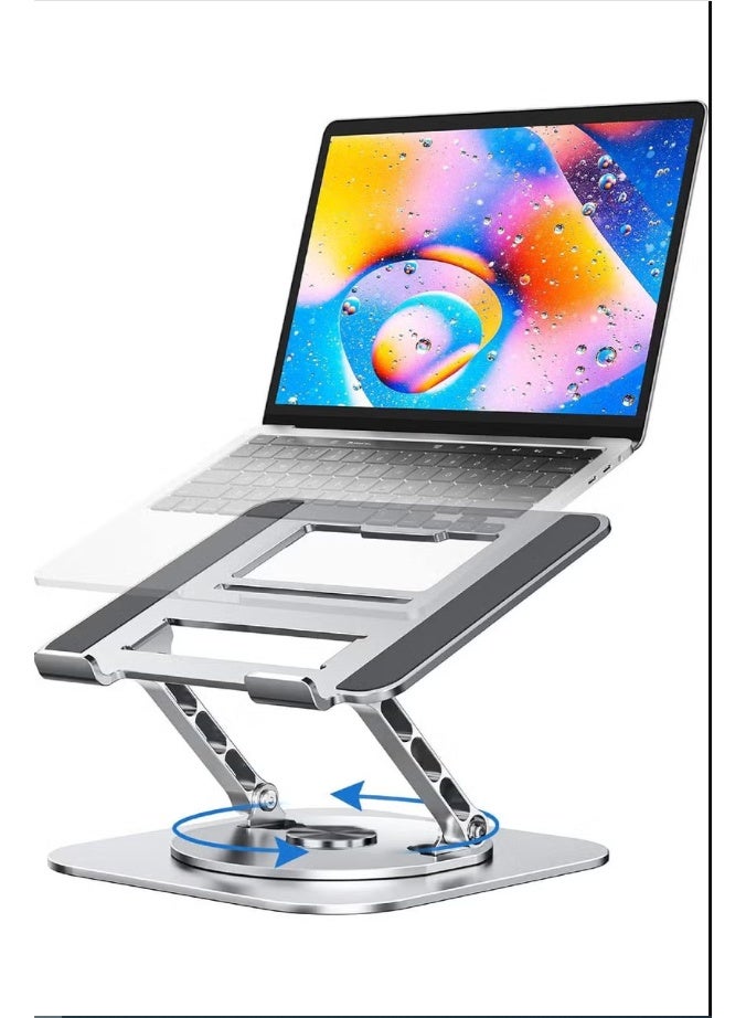 حامل لابتوب قابل للتعديل للمكتب، منصة مريحة (Ergonomic) بقاعدة دوارة 360 درجة، حامل ألومنيوم قابل للطي وجيد التهوية، متوافق مع أجهزة اللابتوب (مثل MacBook وDell وHP) بمقاس 10-17 بوصة، لون فضي. - Image 1
