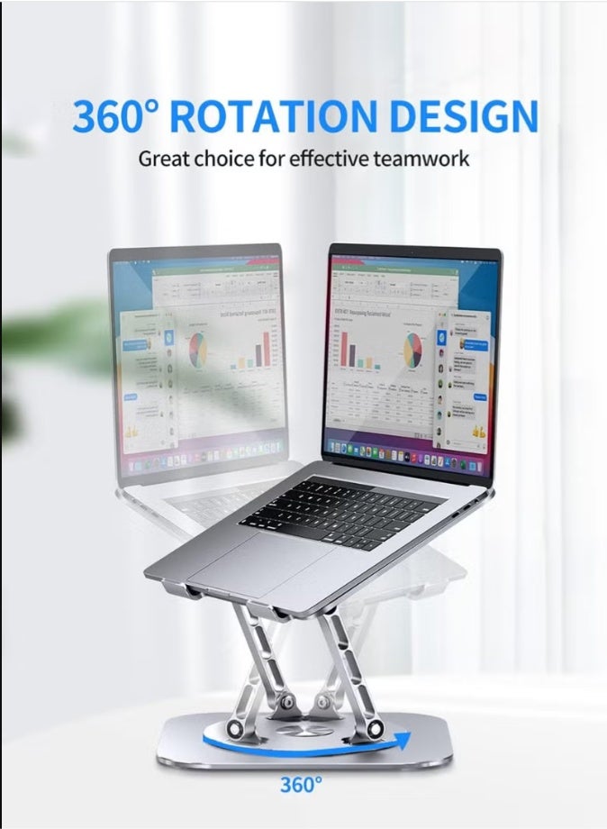 حامل لابتوب قابل للتعديل للمكتب، منصة مريحة (Ergonomic) بقاعدة دوارة 360 درجة، حامل ألومنيوم قابل للطي وجيد التهوية، متوافق مع أجهزة اللابتوب (مثل MacBook وDell وHP) بمقاس 10-17 بوصة، لون فضي. - Image 2