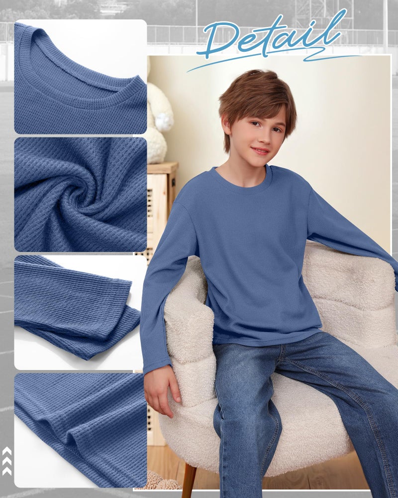LessonZoo 3 Pack Boys Waffle Long Sleeve T-Shirts 5-14 Years Kids Thermal Crew Neck Tops Youth Fall Warm Shirts Basic Tees(Haze Blue, Gray, Black,9-10 Years) - Image 5