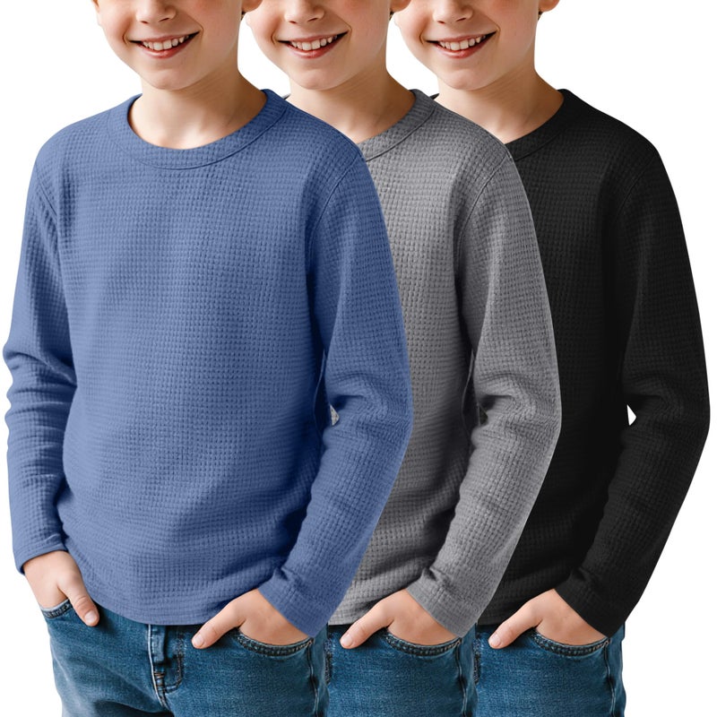 LessonZoo 3 Pack Boys Waffle Long Sleeve T-Shirts 5-14 Years Kids Thermal Crew Neck Tops Youth Fall Warm Shirts Basic Tees(Haze Blue, Gray, Black,9-10 Years) - Image 1