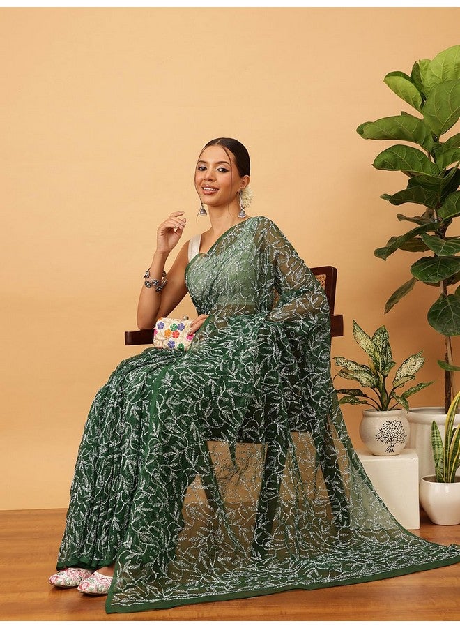 Ada Hand Embroidered Lucknowi Chikankari Georgette Saree for Women with Unstitched Blouse Piece A311380 Pine Green - Image 3
