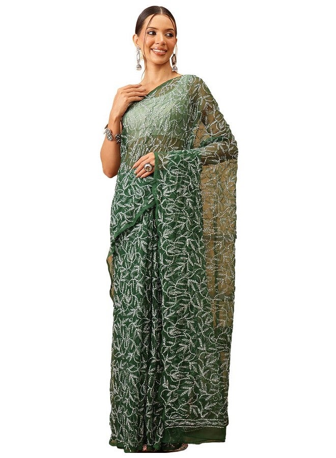 Ada Hand Embroidered Lucknowi Chikankari Georgette Saree for Women with Unstitched Blouse Piece A311380 Pine Green - Image 1