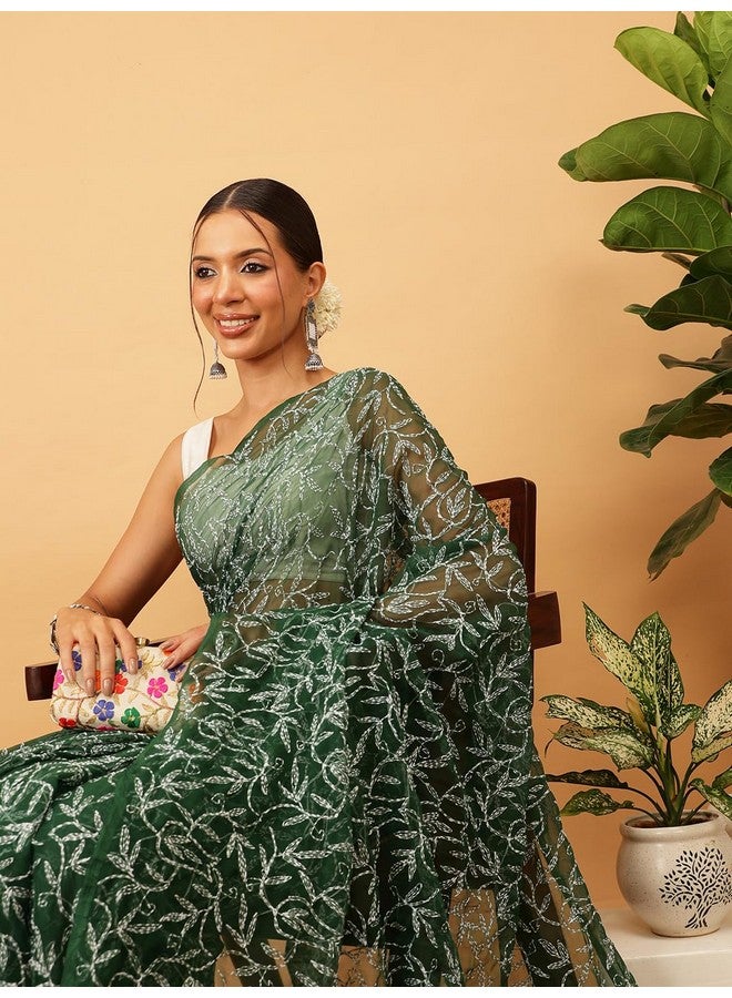 Ada Hand Embroidered Lucknowi Chikankari Georgette Saree for Women with Unstitched Blouse Piece A311380 Pine Green - Image 5