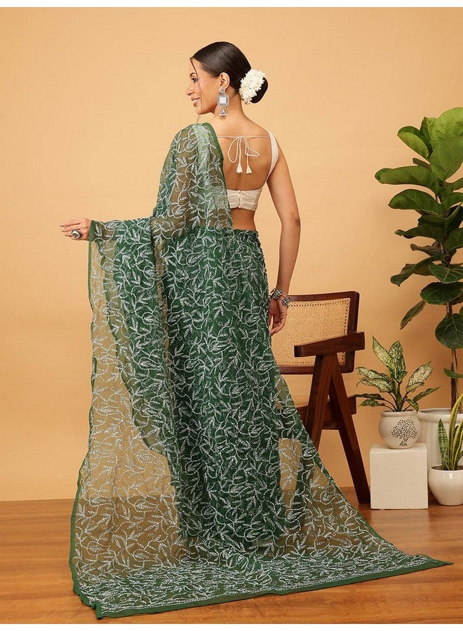 Ada Hand Embroidered Lucknowi Chikankari Georgette Saree for Women with Unstitched Blouse Piece A311380 Pine Green - Image 2