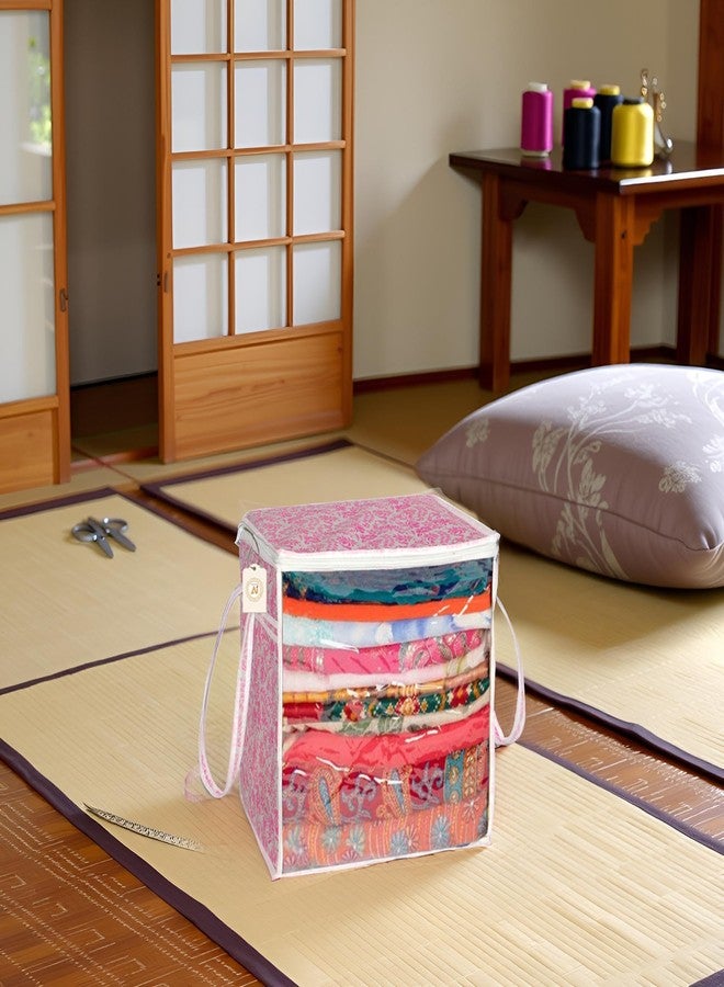 SHAPING FABRIC Pink Floral Fabric Saree Storage Bag with Transparent Front & Zipper Closure – Pack of 01 SNW-431 - Image 1