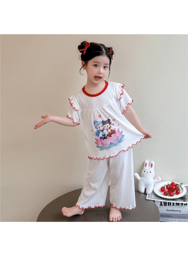 New  Summer Short-sleeved Baby Girl Breathable Thin Home Clothes Cartoon Suit Home Two-piece Set