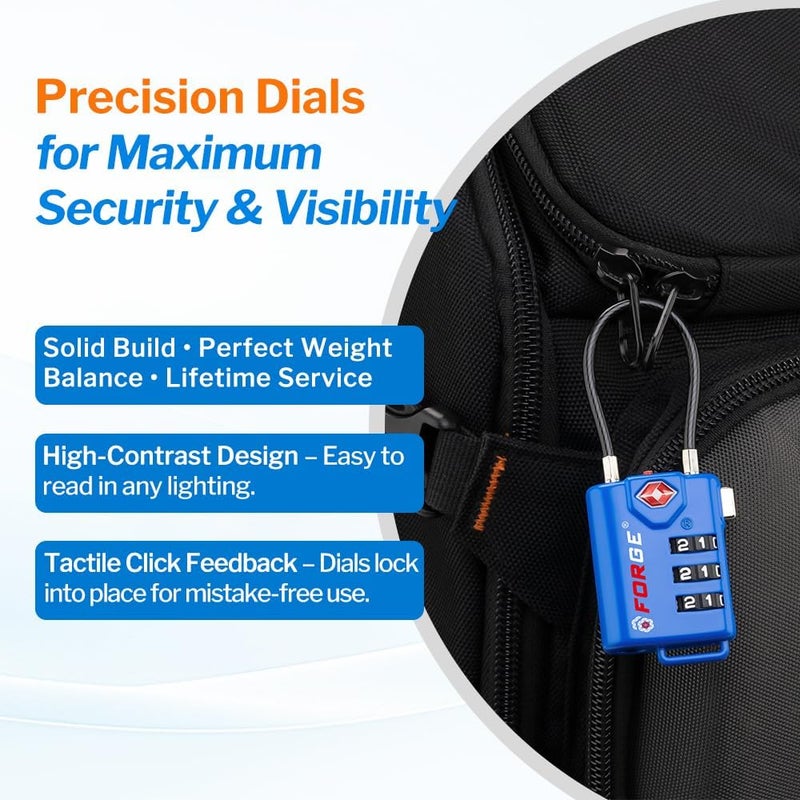 Forge Bright Colors, TSA Approved Luggage Locks 4 Pack, Re-settable Combination with Alloy Body, Blue 4 Locks. - Image 4