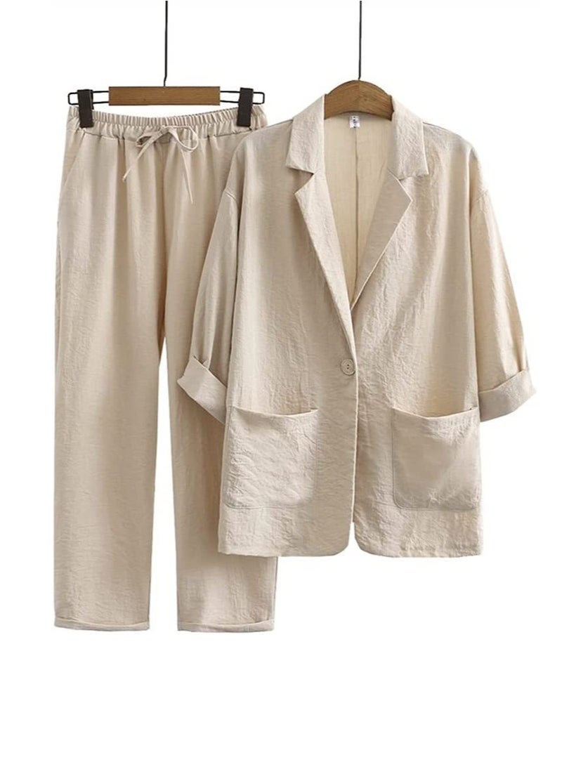 Loquat Women's Solid Color 2 Piece Set Three-Quarter Sleeve Suit Jacket And Loose Pants Casual Suit Beige 