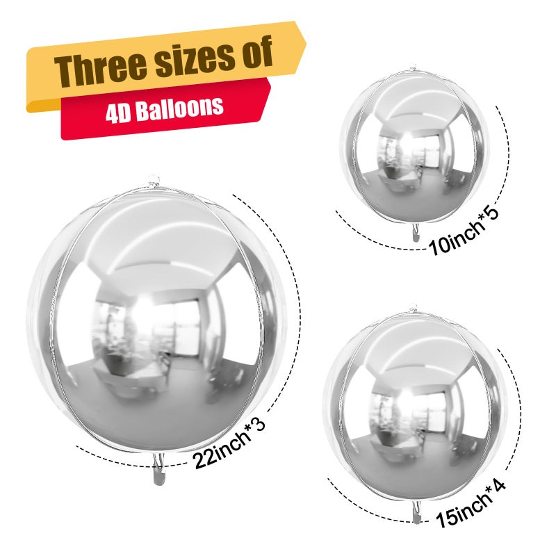 Vibzox 12Pcs Silver Round Foil Balloons, 22" 15" 10" 4D Ball Balloons, Metallic Silver Foil Balloon for Birthday Graduation Christmas New Year Eve Disco Party Backdrop Decorations - Image 2