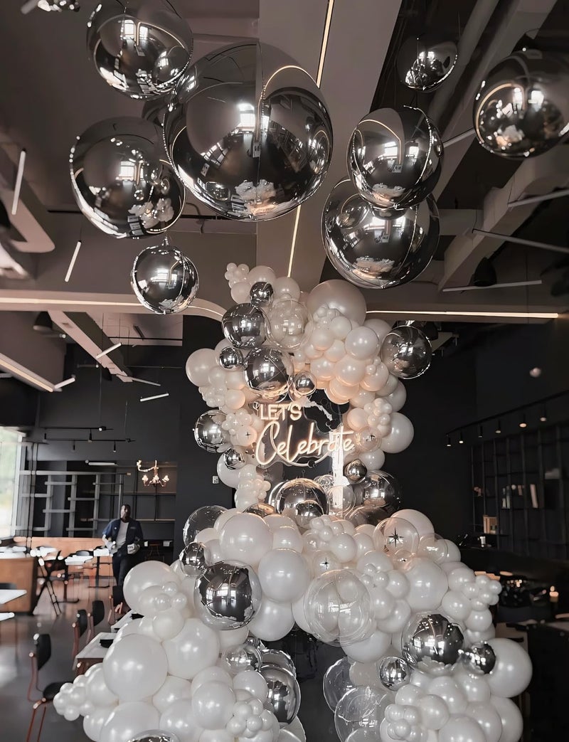 Vibzox 12Pcs Silver Round Foil Balloons, 22" 15" 10" 4D Ball Balloons, Metallic Silver Foil Balloon for Birthday Graduation Christmas New Year Eve Disco Party Backdrop Decorations - Image 5