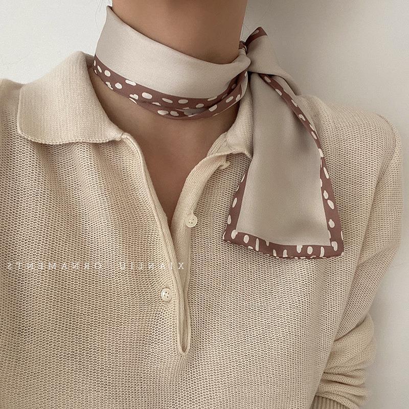 Generic Houndstooth small long silk scarf hair band womens tie bag ribbon versatile spring and autumn suit high-grade imitation silk scarf headdress A- 3186-8 boxer border polka dot