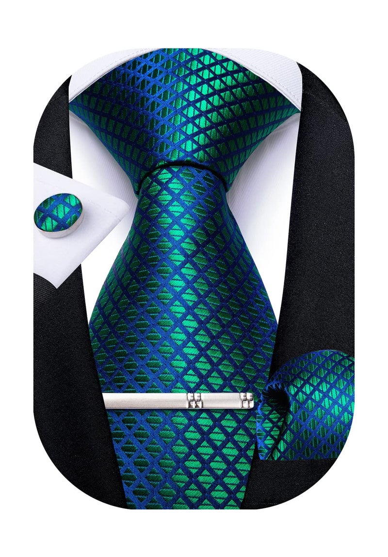 DiBanGu Plaid Ties for Men Silk Checkered Necktie and Pocket Square Cufflinks Tie Clip Set with Gift Box for Wedding Business, Turquoise - Image 1