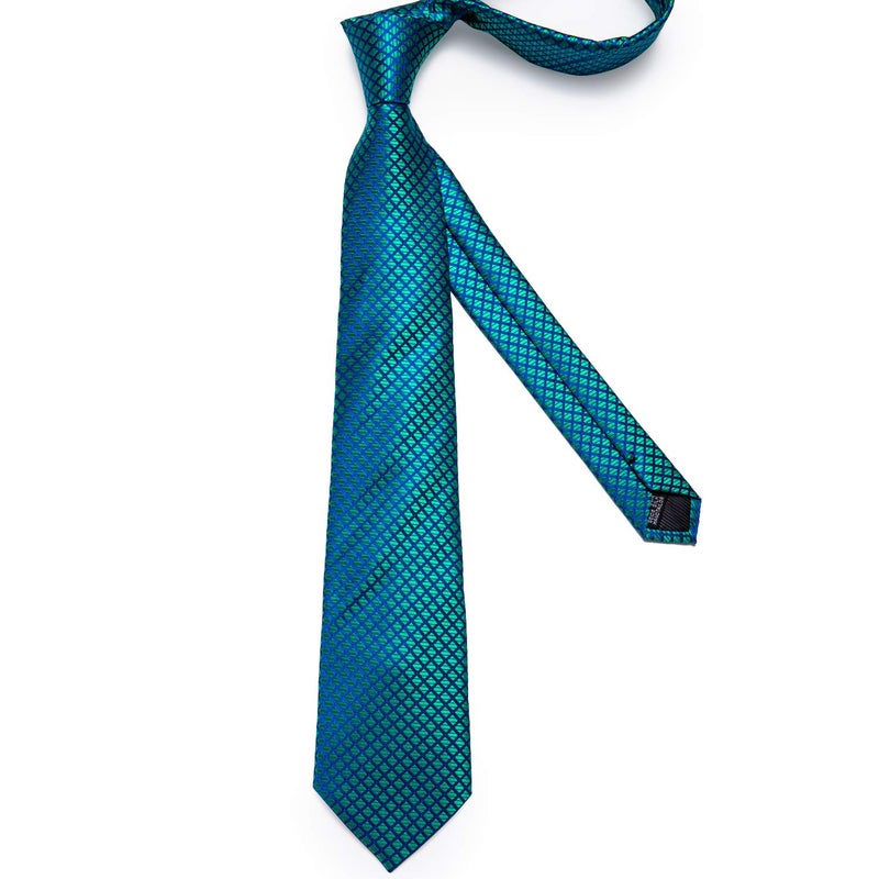 DiBanGu Plaid Ties for Men Silk Checkered Necktie and Pocket Square Cufflinks Tie Clip Set with Gift Box for Wedding Business, Turquoise - Image 4
