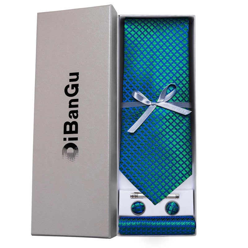 DiBanGu Plaid Ties for Men Silk Checkered Necktie and Pocket Square Cufflinks Tie Clip Set with Gift Box for Wedding Business, Turquoise - Image 3