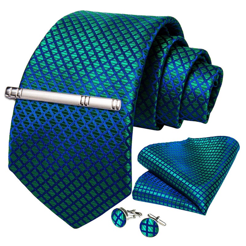 DiBanGu Plaid Ties for Men Silk Checkered Necktie and Pocket Square Cufflinks Tie Clip Set with Gift Box for Wedding Business, Turquoise - Image 2